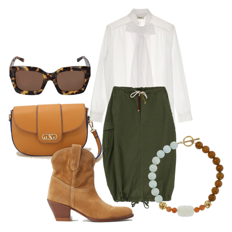 Outfit donna - Ghost outfitter - agosto. Stile Casual chic per Tutti i giorni. Abbinamento con stivaletti, pochette, gonne longuette, camicie, collane, occhiali da sole.