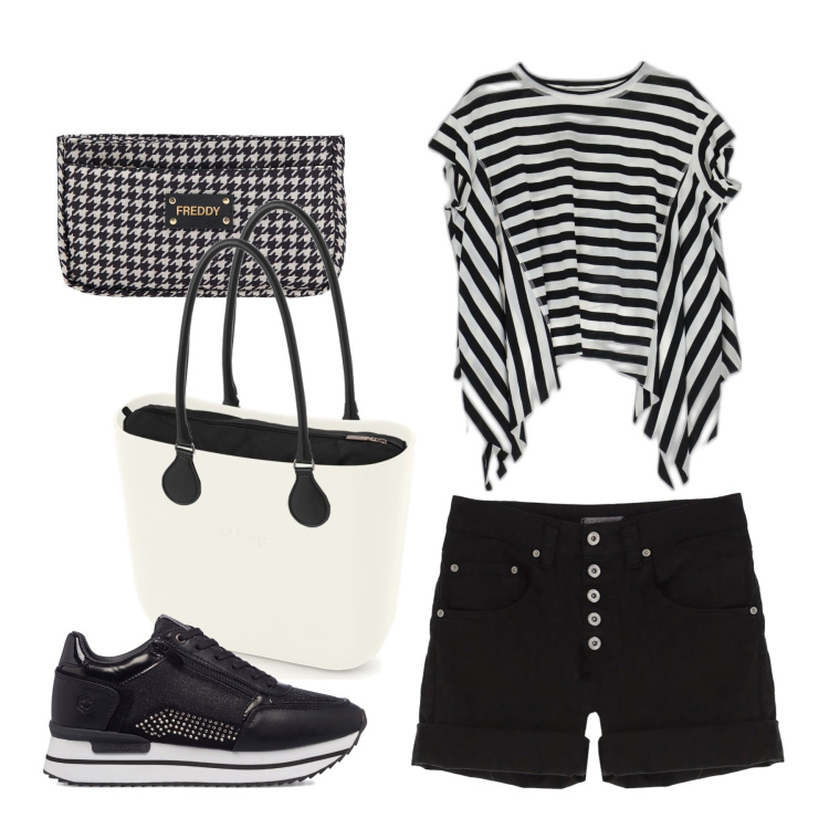Outfit donna - Il bianco...e il nero. Stile Casual per Tutti i giorni. Abbinamento con shorts, portafogli, t-shirt, sneakers, borse a spalla.