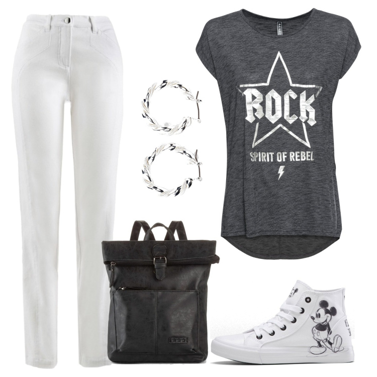 Outfit donna - Rock... mantica. Stile Basic per Tutti i giorni. Abbinamento con zaini, orecchini, sneakers alte, t-shirt, pantaloni sportivi.