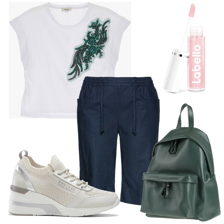 Outfit donna - Curvy sportiva per l\'estate. Stile Sporty chic per Tutti i giorni. Abbinamento con bermuda, sneakers, zaini, t-shirt, gloss.