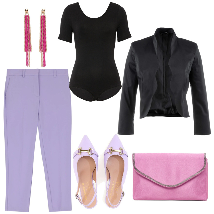 Outfit donna - Total look #1692009. Stile Casual chic per Serata fuori. Abbinamento con body, blazer, pantaloni capri, clutch, orecchini, ballerine.