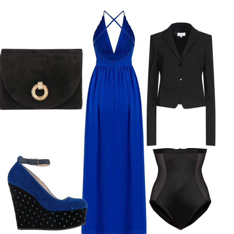 Outfit donna - Blu e nero. Stile Chic per Serata fuori. Abbinamento con slip, blazer, décolleté, borse a tracolla, vestiti lunghi.