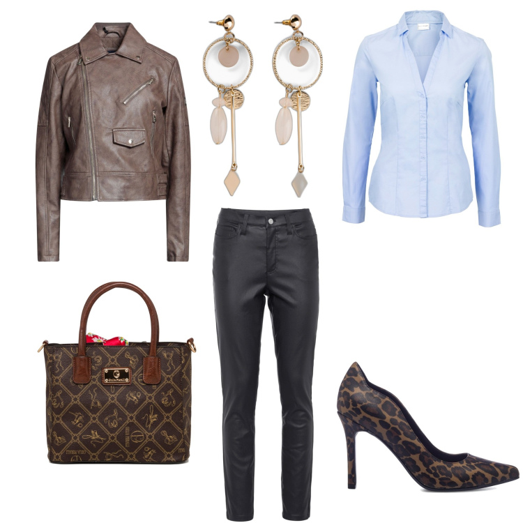 Outfit donna - Total look #1692067. Stile Basic per Serata fuori. Abbinamento con camicie, orecchini, pantaloni skinny, giacche, borse a mano, décolleté.