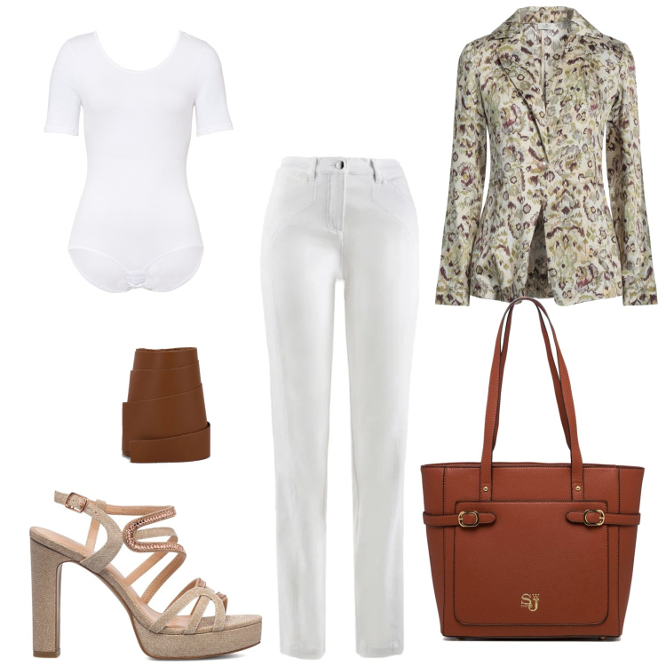 Outfit donna - Da te. Stile Chic per Serata fuori. Abbinamento con body, pantaloni sportivi, blazer, cinture, sandali gioiello, borse a spalla.