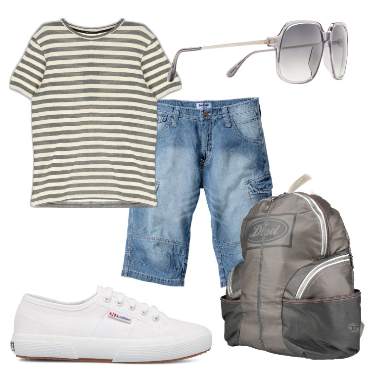Outfit uomo - Total look #1692095. Stile Urban per Mare. Abbinamento con bermuda, borse sportive, occhiali da sole, t-shirt, sneakers.