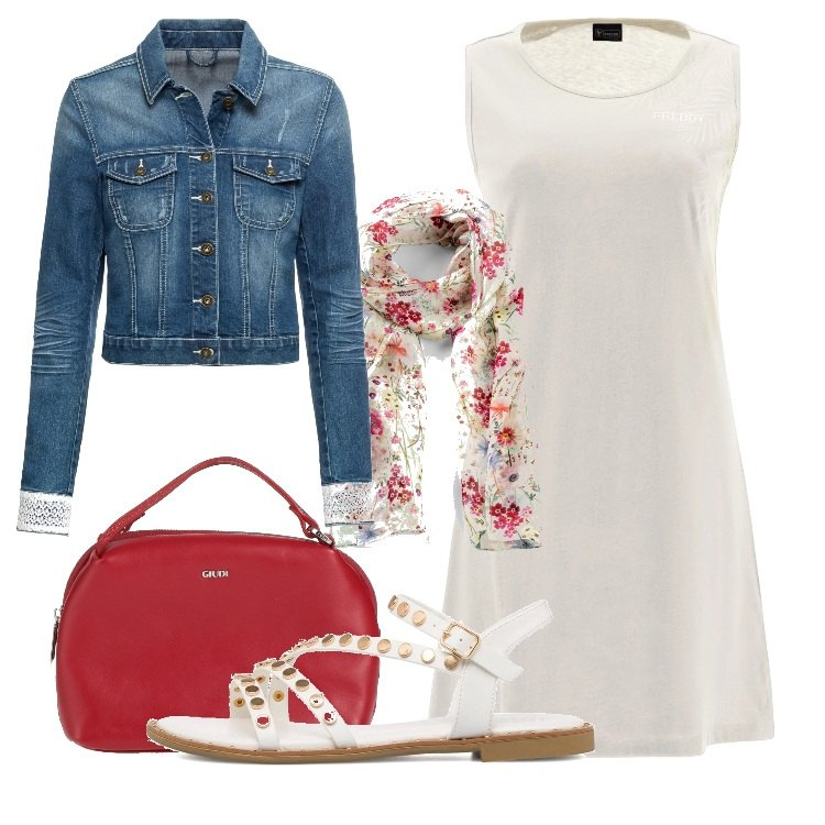 Outfit donna - Basic, semplice per l\'estate. Stile Basic per Tutti i giorni. Abbinamento con foulard, blazer, borse a mano, vestiti senza maniche, sandali in pelle.