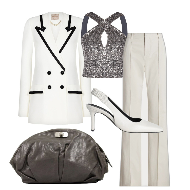 Outfit donna - Ghost outfitter - agosto. Stile Chic per Serata fuori. Abbinamento con décolleté, borse a mano, top, cappotti, pantaloni.