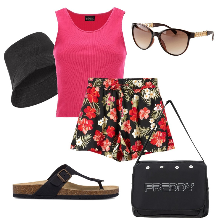 Outfit donna - Semplice per l’estate. Stile Basic per Tutti i giorni. Abbinamento con occhiali da sole, shorts, borse messenger, top, cappelli, infradito.