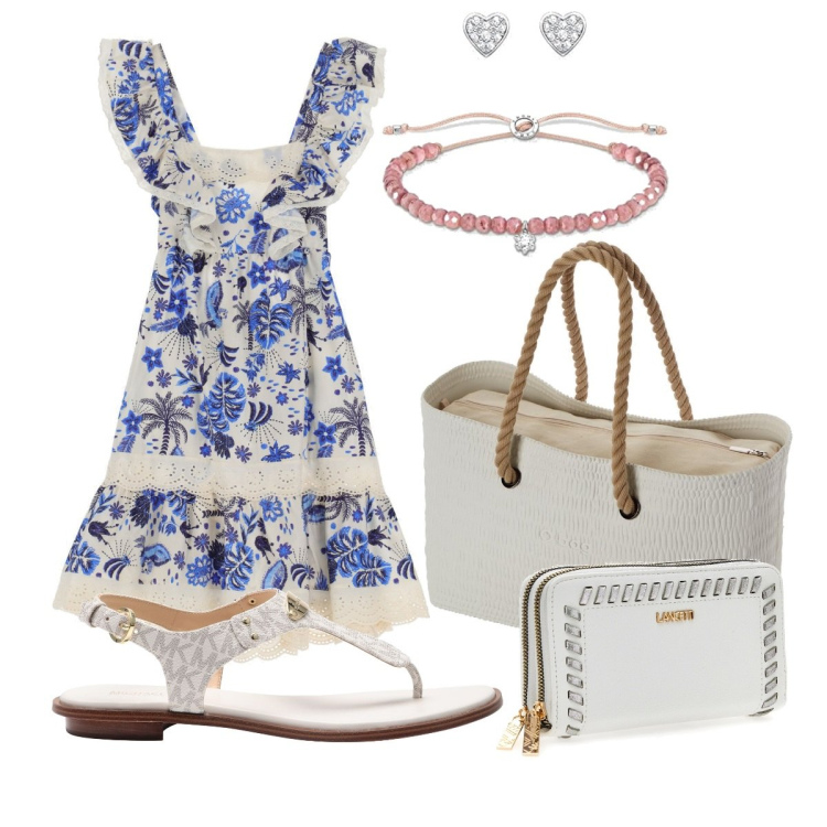 Outfit donna - Outfit fresco per il giorno. Stile Casual chic per Tutti i giorni. Abbinamento con infradito, vestiti corti, borse a spalla, orologi, portafogli.