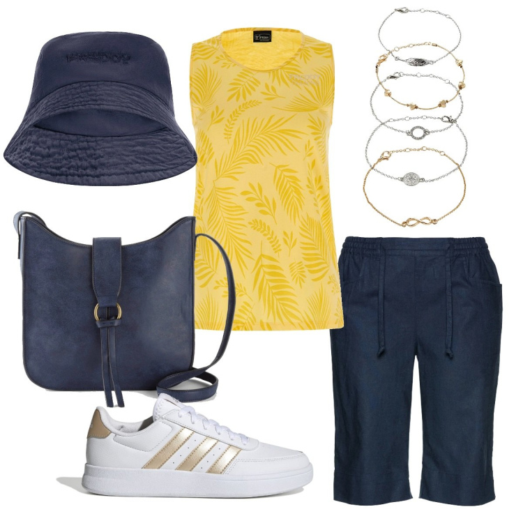 Outfit donna - Semplice in bermuda. Stile Basic per Tutti i giorni. Abbinamento con bermuda, braccialetti con ciondoli, borse a tracolla, canottiere, cappelli, sneakers.