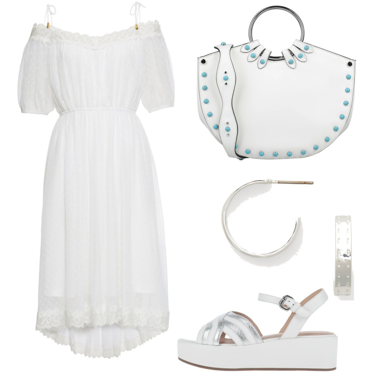Outfit donna - Basic estivo. Stile Basic per Ufficio. Abbinamento con vestiti, borse a mano, sandali in pelle, orecchini.