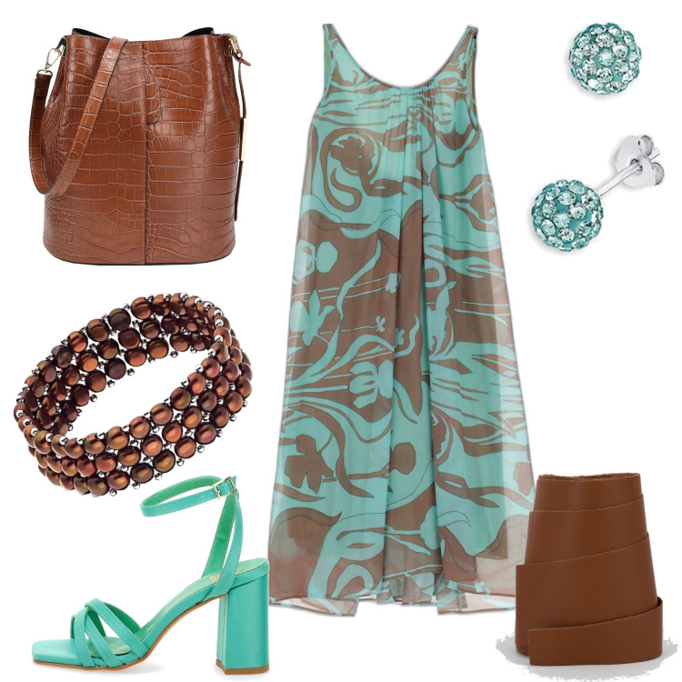 Outfit donna - Abito leggero e pelle. Stile Casual chic per Tutti i giorni. Abbinamento con borse a spalla, cinture, vestiti midi/longuette, orecchini, braccialetti, sandali col tacco.