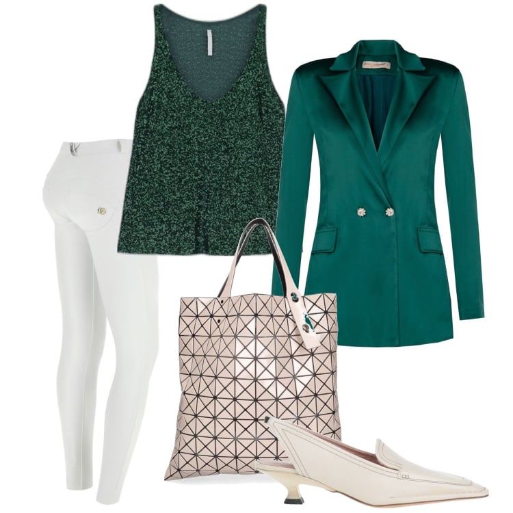 Outfit donna - Cena all\'improvviso. Stile Glamour per Serata fuori. Abbinamento con décolleté, blazer, canottiere, pantaloni skinny, shopping bag.