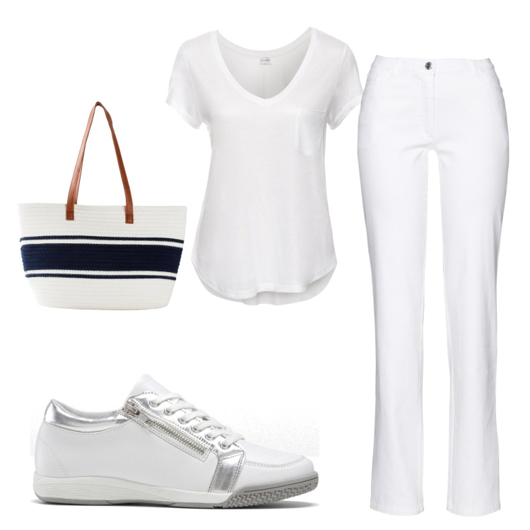 Outfit donna - So basic. Stile Basic per Tutti i giorni. Abbinamento con t-shirt, pantaloni, sneakers, shopping bag.