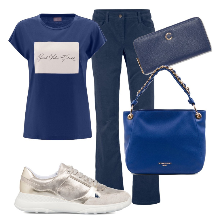 Outfit donna - Total look #1692441. Stile Basic per Tutti i giorni. look ideale per Tall. Abbinamento con pantaloni, t-shirt, sneakers, borse a spalla, portafogli.