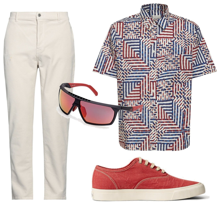 Outfit uomo - Una camicia originale. Stile Trendy per Tutti i giorni. Abbinamento con pantaloni, sneakers, camicie, occhiali da sole.