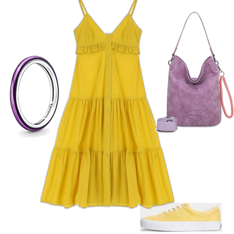 Outfit donna - Total look Yellow. Stile Casual per Mare. Abbinamento con vestiti midi/longuette, sneakers, ciondoli, anelli.