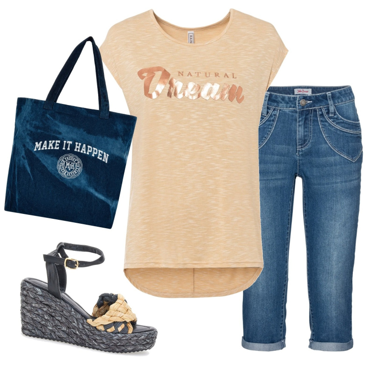 Outfit donna - Dream. Stile Sporty chic per Scuola/Università. Abbinamento con jeans dritti, maglieria, shopping bag, espadrillas.
