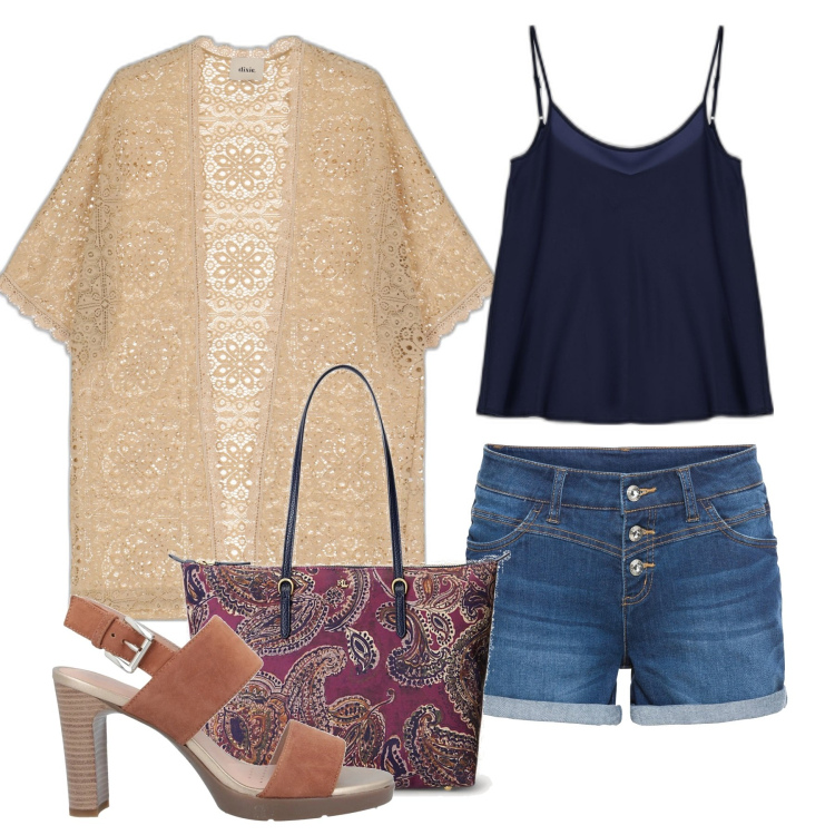Outfit donna - Il cardigan. Stile Casual chic per Tutti i giorni. Abbinamento con shorts, sandali in pelle, top, cardigans, borse tote.