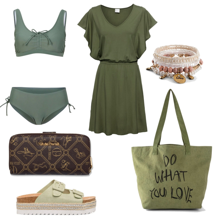 Outfit donna - Basic al mare. Stile Basic per Mare. Abbinamento con bikini, braccialetti, vestiti, shopping bag, sandali in pelle, portafogli.