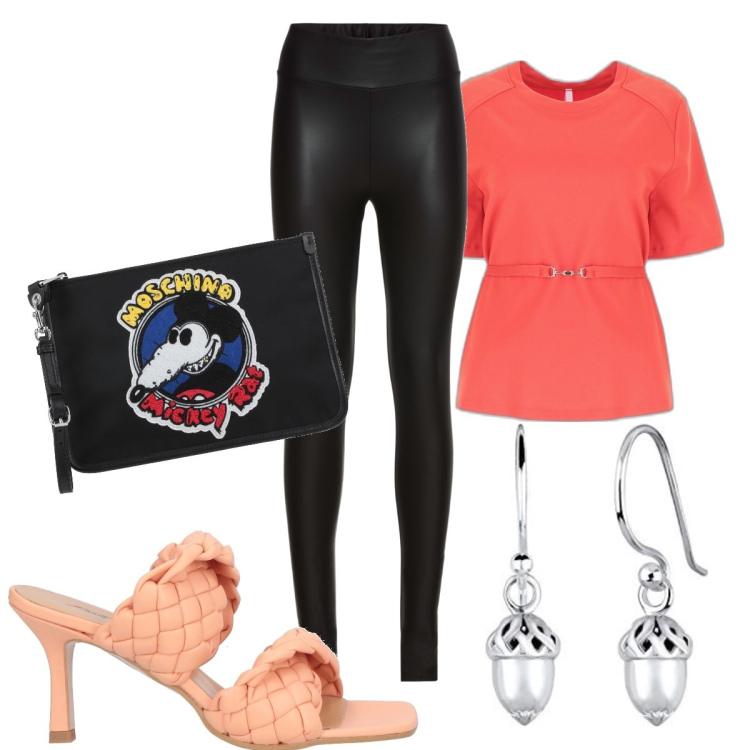 Outfit donna - Total look #1692636. Stile Trendy per Serata fuori. Abbinamento con treggings, sandali in pelle, borse a mano, t-shirt, orecchini.