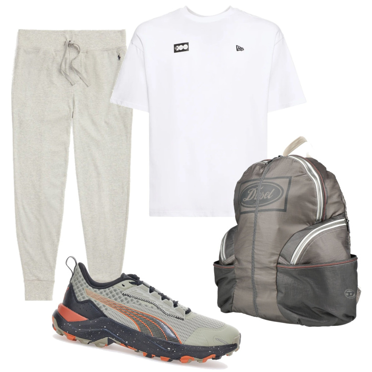 Outfit uomo - In alto con lo sport. Stile Casual per Sport. Abbinamento con borse sportive, pantaloni, t-shirt, scarpe sportive.