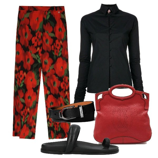 Outfit donna - Rosso e nero. Stile Romantica per Serata fuori. Abbinamento con borse a mano, infradito, camicie, pantaloni a palazzo, braccialetti.
