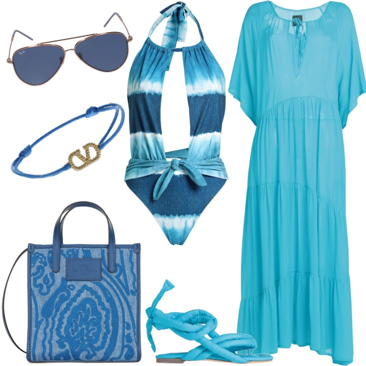Outfit donna - Al mare. Stile Boho per Mare. Abbinamento con infradito, vestiti da spiaggia, costumi interi, shopping bag, occhiali da sole, braccialetti.
