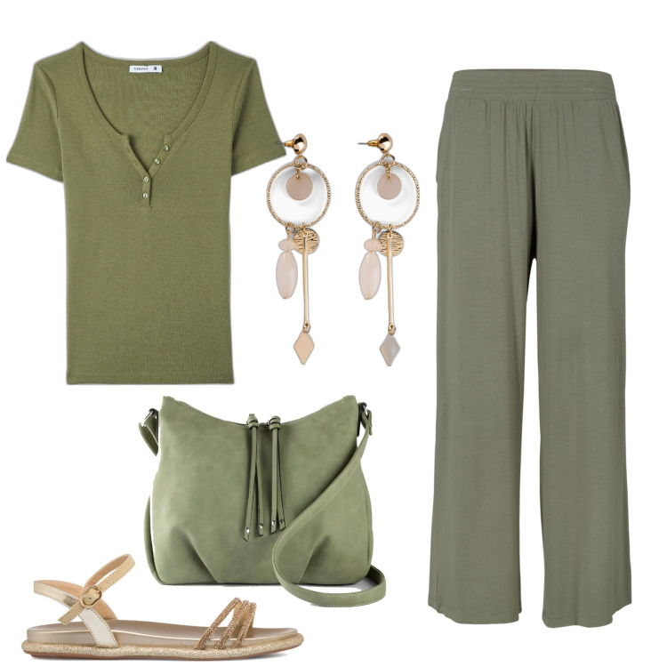 Outfit donna - Verde oliva. Stile Basic per Tutti i giorni. Abbinamento con pantaloni, orecchini, borse a tracolla, t-shirt, sandali.