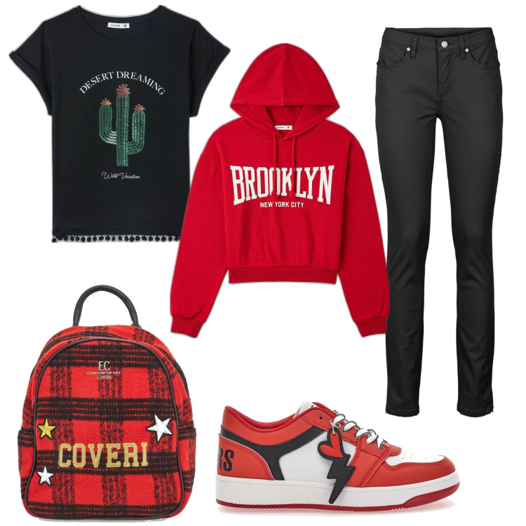 Outfit donna - Back to school. Stile Sporty chic per Scuola/Università. Abbinamento con jeans, t-shirt, felpe con cappuccio, sneakers, zaini.
