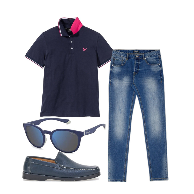 Outfit uomo - Ghost outfitter - agosto. Stile Casual per Serata speciale. Abbinamento con polo, jeans slim fit, scarpe stringate, occhiali da sole.