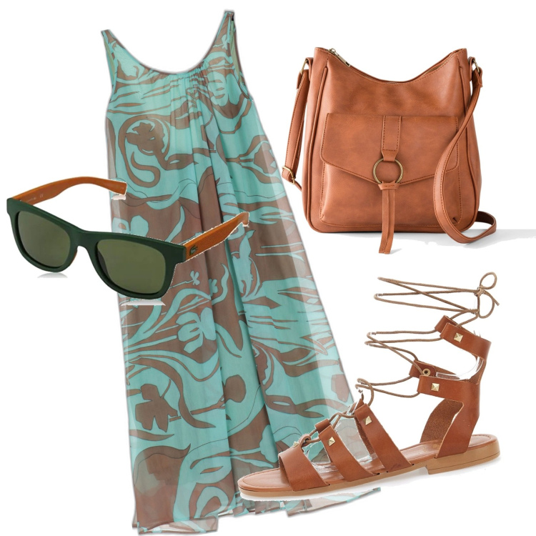 Outfit donna - Total look #1692824. Stile Chic per Tutti i giorni. Abbinamento con borse a tracolla, vestiti midi/longuette, occhiali da sole, sandali in pelle.