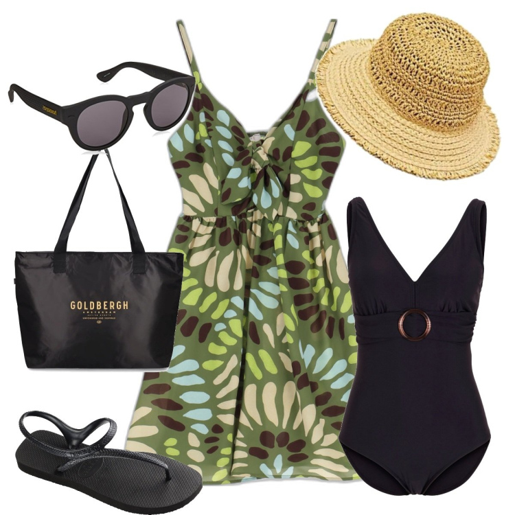 Outfit donna - Now on the beach. Stile Casual per Mare. Abbinamento con costumi interi, vestiti corti, infradito, shopping bag, occhiali da sole, berretti.