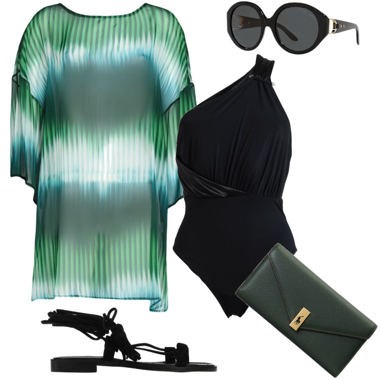 Outfit donna - Chic in piscina. Stile Chic per Mare. Abbinamento con infradito, costumi interi, vestiti da spiaggia, portafogli, occhiali da sole.