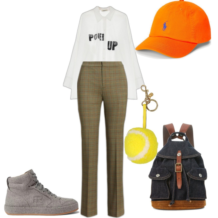 Outfit donna - Look sportivo. Stile Sporty chic per Tutti i giorni. Abbinamento con zaini, cappelli, pantaloni, sneakers, camicie, anelli.