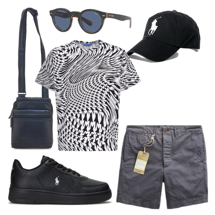 Outfit uomo - Optical. Stile Casual per Sport. Abbinamento con cappelli, pantaloni chino, sneakers, occhiali da sole, t-shirt, portafogli.