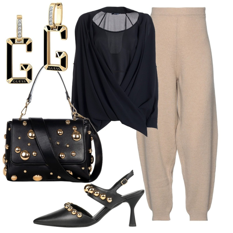 Outfit donna - Total look #1692985. Stile Trendy per Serata fuori. Abbinamento con pantaloni, décolleté, borse a spalla, bluse, orecchini.
