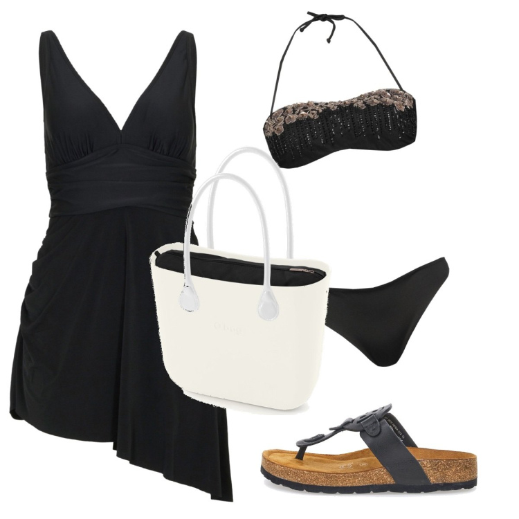 Outfit donna - Mare nero. Stile Basic per Mare. Abbinamento con vestiti da spiaggia, bikini, infradito, borse a spalla.