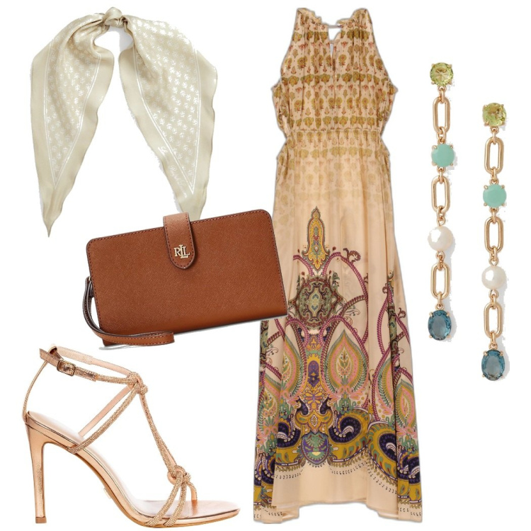 Outfit donna - Serata chic. Stile Chic per Serata fuori. Abbinamento con vestiti lunghi, sandali gioiello, pochette, orecchini, foulard.