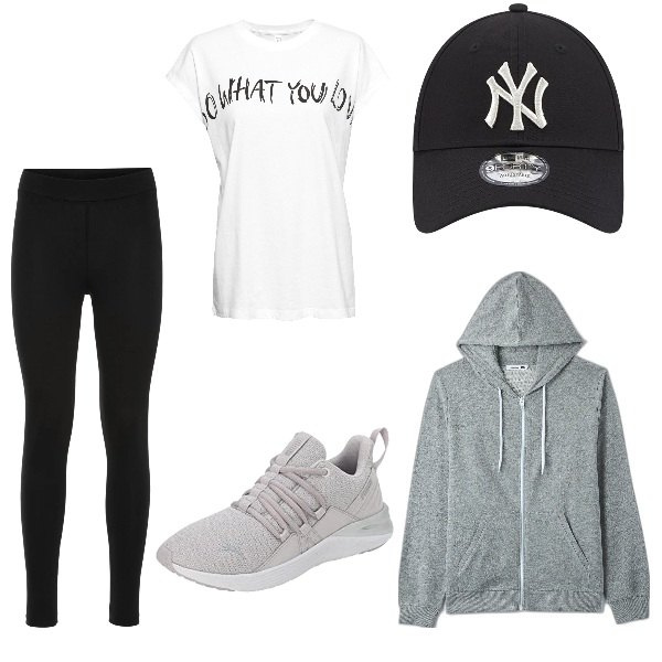 Outfit donna - Outfit n°3. Stile Basic per Sport. Abbinamento con maglieria, leggings, felpe con cappuccio, scarpe sportive, cappelli.