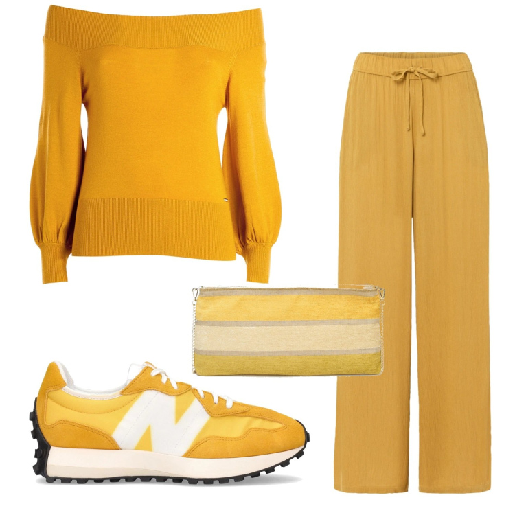 Outfit donna - Giallo senape. Stile Casual per Tutti i giorni. Abbinamento con pantaloni, maglieria, pochette, sneakers.