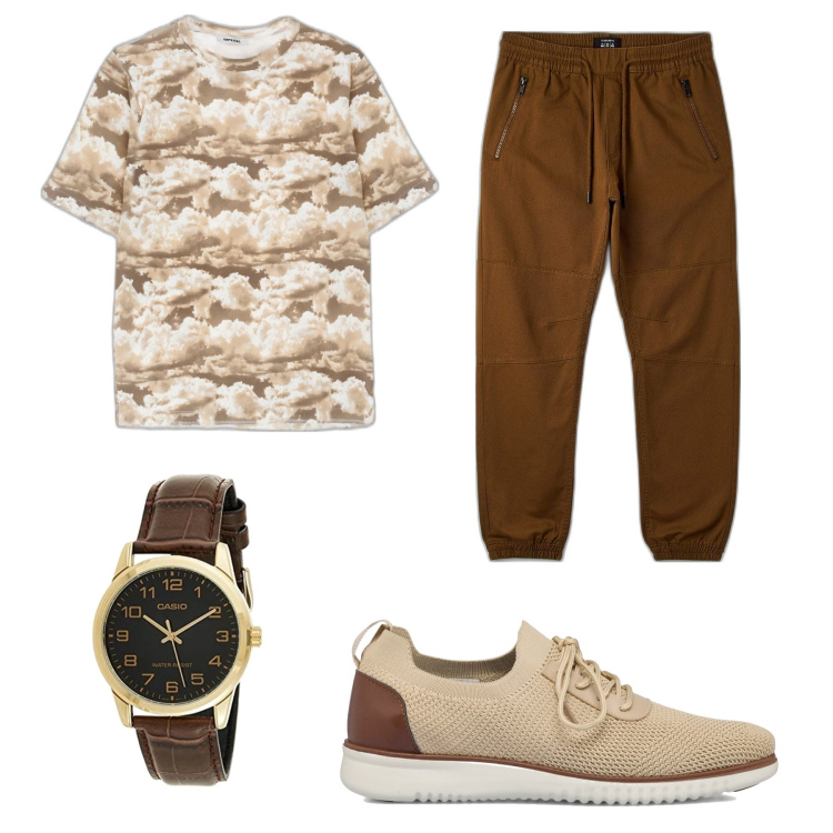 Outfit uomo - Joggers marroni. Stile Urban per Tutti i giorni. Abbinamento con t-shirt, scarpe stringate, pantaloni, orologi.