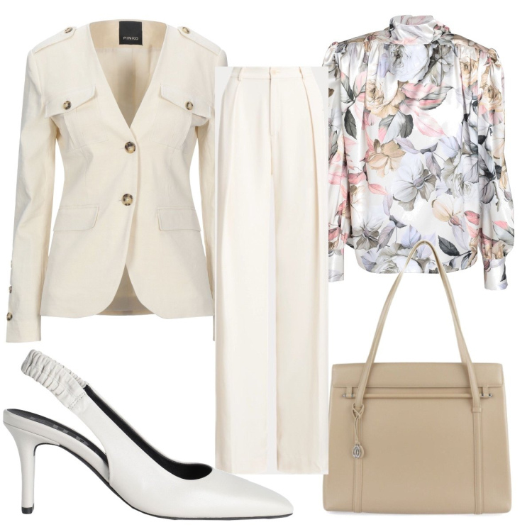 Outfit donna - Chic in bianco e beige. Stile Chic per Serata fuori. Abbinamento con décolleté, blazer, bluse, borse a spalla, pantaloni.