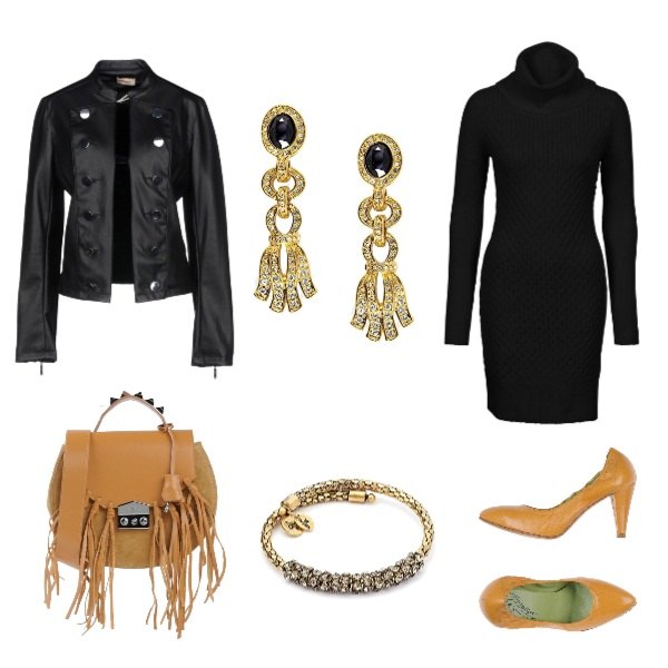 Outfit donna - Accessori beige e dorati. Stile Basic per Tutti i giorni. Abbinamento con vestiti, giacca contrasto collo coreana a maniche lunghe interno foderato in pelle sintetica tinta unita, décolleté a punta tinta unita, borsa a mano cartella con manico effetto scamosciato taglia media interno in pelle in pelle tinta unita, orecchini forma ovale marrone, bracciale wrap in ottone forma intrecciata rosa.