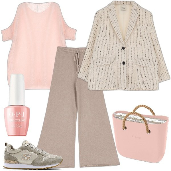 Outfit donna - Giornata piovosa curvy. Stile Casual chic per Tutti i giorni. Abbinamento con sneakers, pullovers, pantaloni a palazzo, giacche, borse a spalla, smalti.