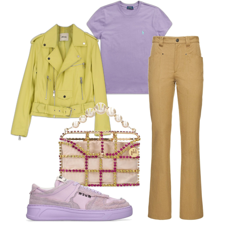 Outfit donna - Avocado e lavanda. Stile Basic per Tutti i giorni. Abbinamento con giacche, t-shirt, pantaloni, sneakers, pochette.