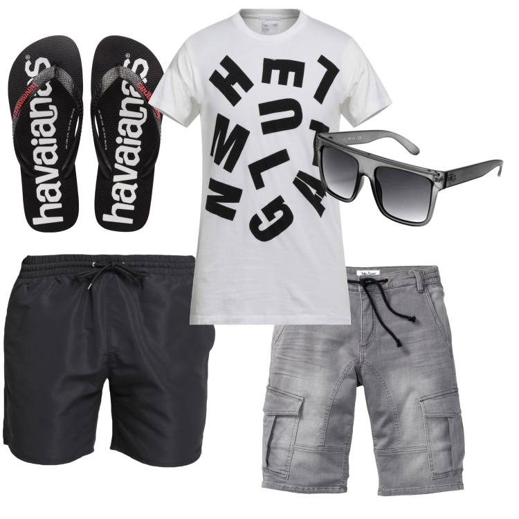 Outfit uomo - Sandro. Stile Trendy per Mare. Abbinamento con bermuda, costumi, t-shirt, sandali, occhiali da sole.