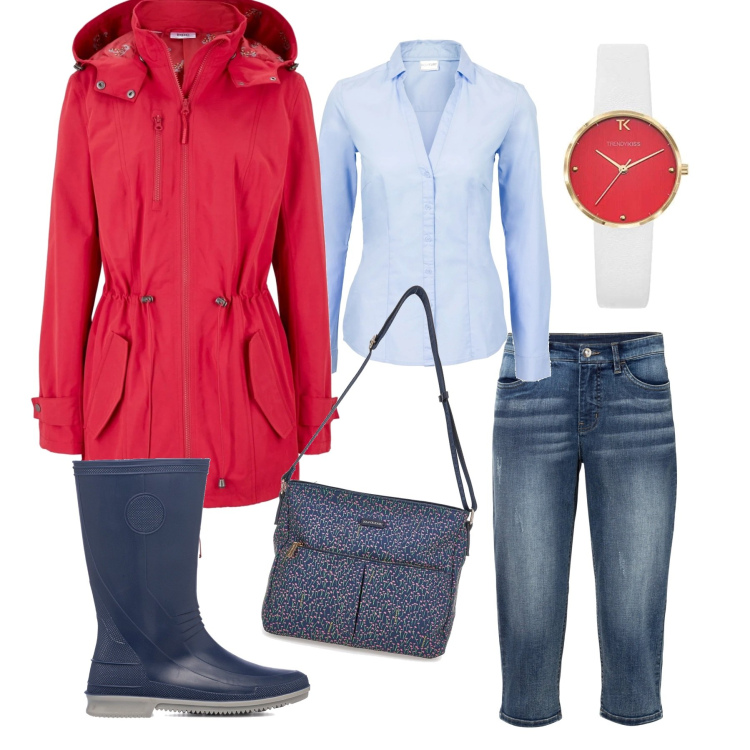 Outfit donna - Prime piogge. Stile Basic per Tutti i giorni. Abbinamento con camicie, parka, jeans, stivali di gomma, borse a tracolla, orologi analogici.