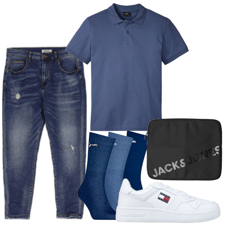 Outfit uomo - Total look #1693368. Stile Casual per Ufficio. Abbinamento con polo, sneakers, jeans slim fit, borse sportive, calzini.