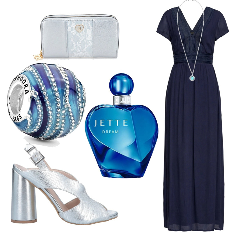 Outfit donna - In lungo blu. Stile Romantica per Serata fuori. Abbinamento con vestiti lunghi, sandali in pelle, ciondoli, profumi, collane, portafogli.